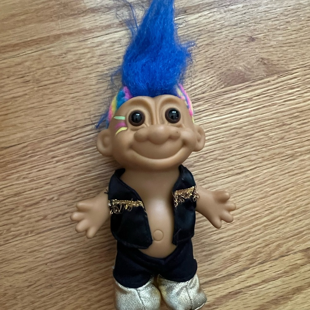 Troll Doll with Blue Hair and Black Outfit rock star